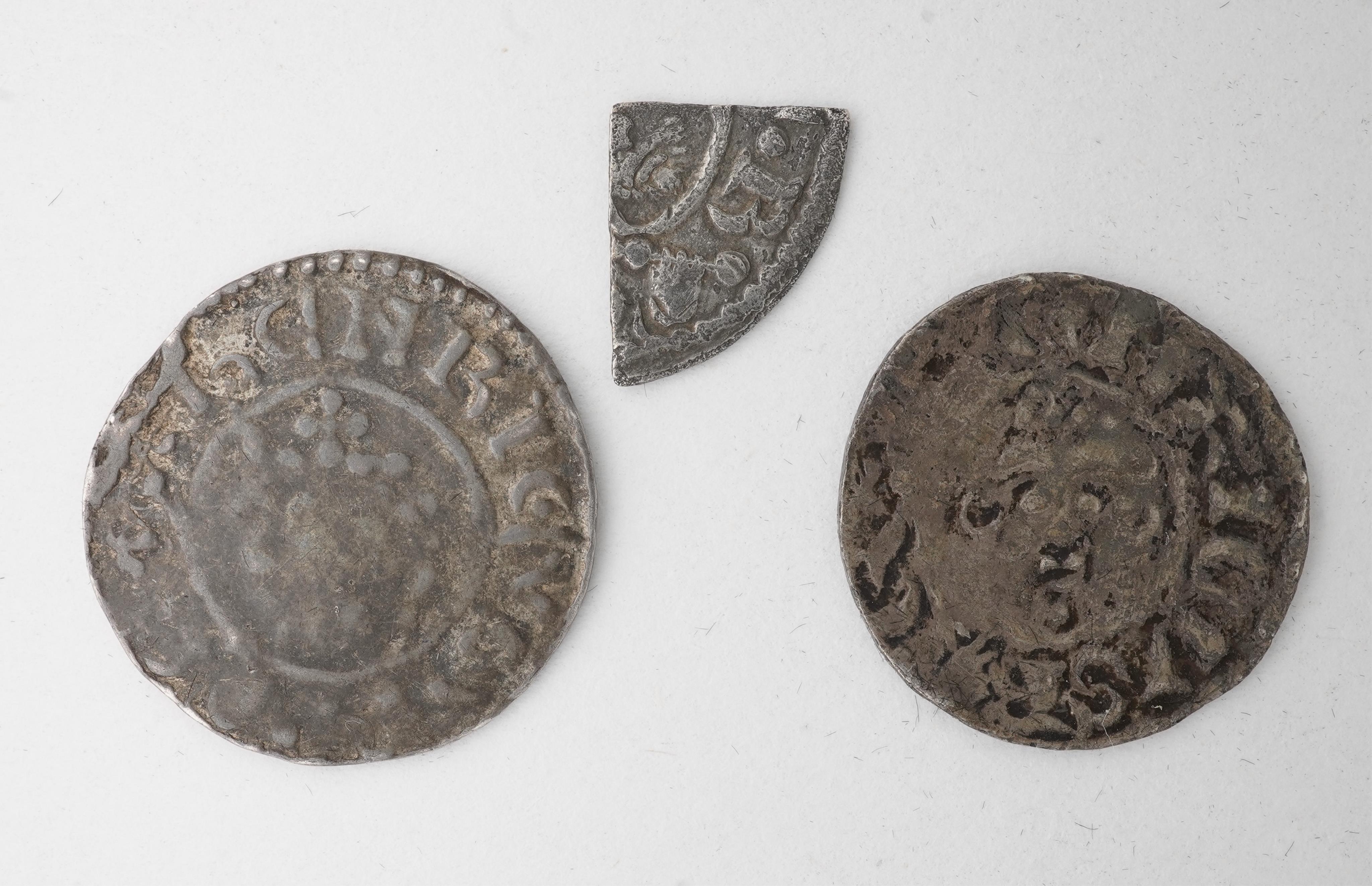 Three British hammered coins, Plantagenet Kings, Henry II (1154-1189), silver short cross penny, York, 1.4g, cut quarter penny, class 1b. Exeter or York, S. 1344, 0.3g, silver short cross penny, 1.3g (3)